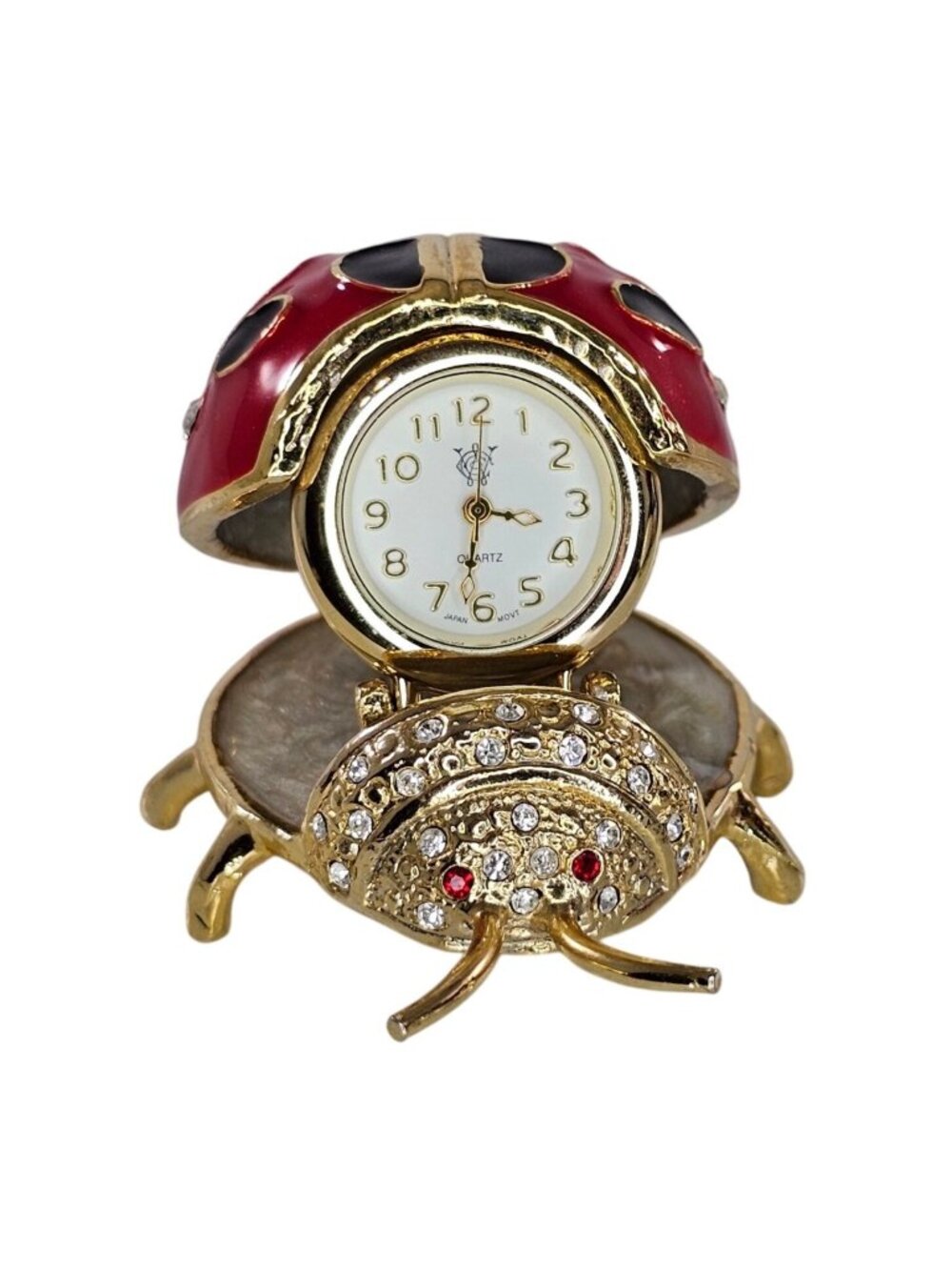 Enameled Jeweled Ladybug Hinged Metal Trinket Box Desk Clock Inside Works!